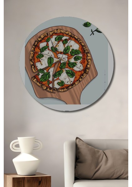 Lezzetli Margherita Pizza Ahşap Mdf Yuvarlak Dekoratif Ev,iş Yeri Duvar Tablo