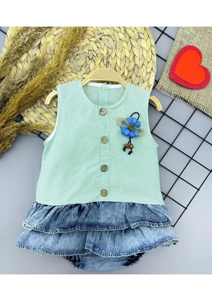 6-9-12-18 Ay Gül Rozet Detaylı Kot Kilotlu Etek Kız Bebek Elbisesi Yeşil