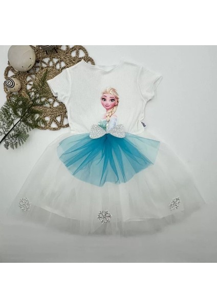 5-6-7 Yaş Elsa Desenli Fiyonklu Tül Etekli Astarlı Kısa Kollu Kız Çocuk Tütü Elbise Beyaz