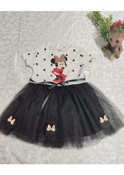 2-3-4 Yaş Puantiyeli Mickey Baskılı Kurdela Kuşaklı Astarlı Kız Bebek Tütü Elbisesi Siyah modelleri