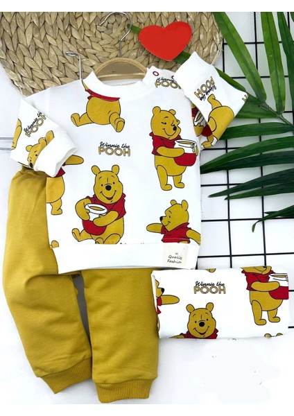 9-12-18-24 Ay Pooh Baskılı Yaka Çıtçıtlı Uzun Kollu Sweatli 2li Kız Erkek Bebek Takımı Sarı