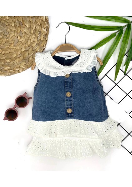 6-9-12-18 Ay Güpür Yaka ve Etek Detaylı Kot Kilotlu Etek Kız Bebek Elbisesi Mavi