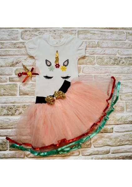 9-12-18 Ay Payetli Pony Nakışlı Tokalı Kısa Kollu Tütü Etek 3lü Kız Bebek Takımı Pudra