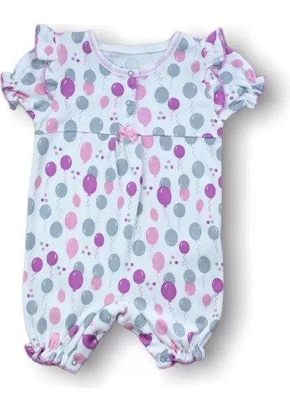 9-12 12-18 18-24 Ay Cemre Uçan Balon Baskılı Kısa Kollu Kız Bebek Tulumu Ekru