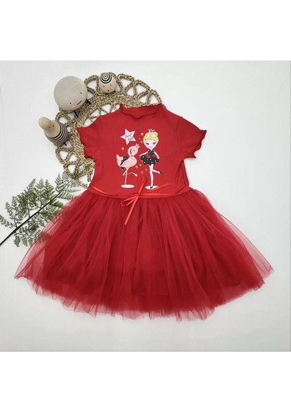 5-6-7 Yaş Flamingo Balerin Kız Baskılı Kurdela Kuşaklı Astarlı Kız Çocuk Tütü Elbise Kırmızı