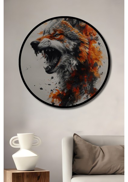 Çerçeve Görünümlü Asil Kurt Dekoratif Ahşap Mdf Işyeri Duvar Tablo Yuvarlak Işyeri Duvar Tablo