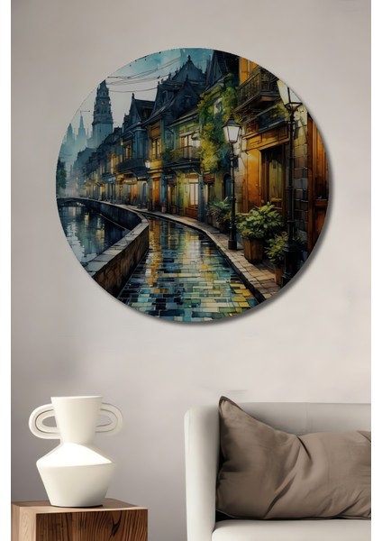 Büyülü Gece Şehri Dekoratif Ahşap Mdf Ev/işyeri Duvar Tablo Yuvarlak Ev/işyeri Duvar Tablo
