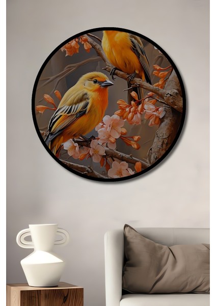 Çerçeve Görünümlü Sarı Kuşlar Çiçekli Dekoratif Ahşap Mdf Ev Duvar Tablo Yuvarlak Ev Duvar Tablo