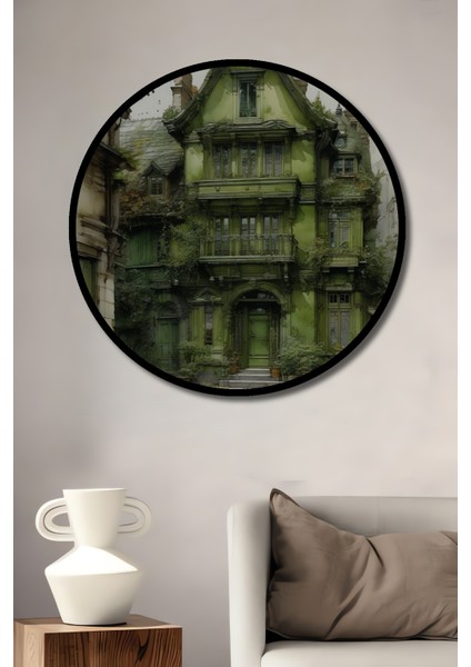 Çerçeve Görünümlü Büyülü Yeşil Konak Ahşap Mdf Dekoratif Ev Duvar Tablo Yuvarlak Ev Duvar Tablo