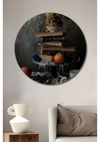 Antik Kitaplar ve Meyveler Dekoratif Ahşap Mdf Ev/işyeri Duvar Tablo Yuvarlak Ev/işyeri Duvar Tablo