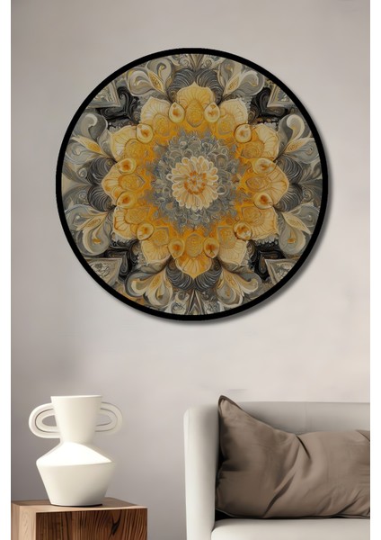 Çerçeve Görünümlü Altın Çiçek Mandala Dekoratif Ahşap Mdf Ev Duvar Tablo Yuvarlak Ev Duvar Tablo