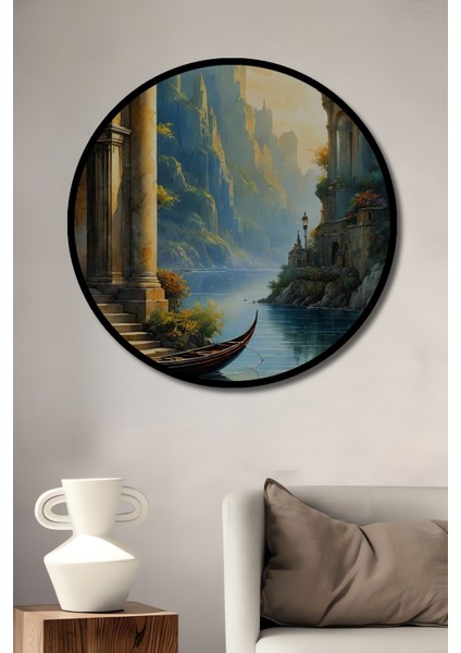 Çerçeve Görünümlü Büyülü Nehir Kıyısı Dekoratif Ahşap Mdf Ev Duvar Tablo Yuvarlak Ev Duvar Tablo