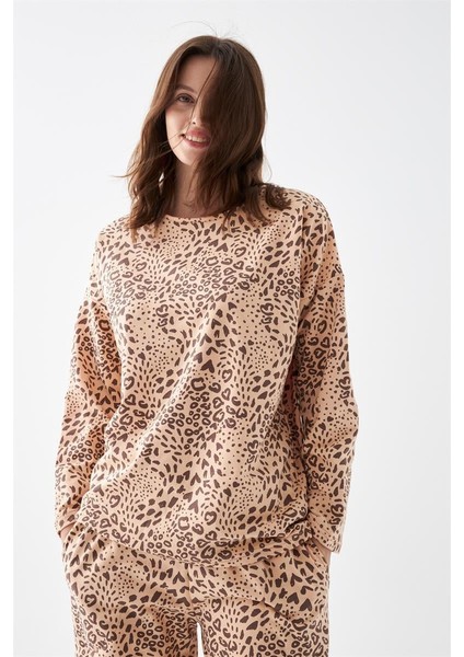 Modaserdem Kadın Oversize Bej Leopar Desenli Pamuklu Kalın Pijama Takımı fiyatları