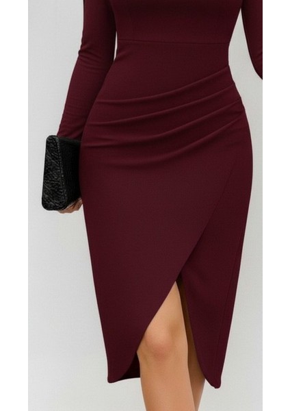 Kadın Uzun Kollu Kalp Yaka Önden Çapraz Detaylı Midi Ithal Krep Elbise modelleri