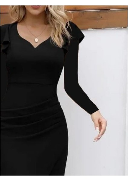 Eyesof Kadın Uzun Kollu Kalp Yaka Önden Çapraz Detaylı Midi Ithal Krep Elbise fiyatları