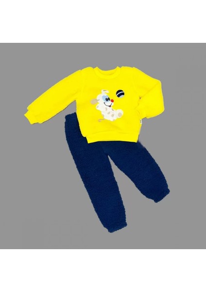 1-2-3 Yaş Toplu Köpek Nakışlı Kuzu Kumaş Sweat Pantolonlu Uzun Kollu Kız Erkek Bebek Takımı Sarı