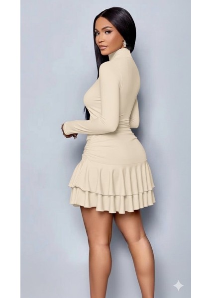 Aknbutik Kadın Uzun Kollu Balıkçı Yaka Mini Fırfırlı Sandy Elbise modelleri