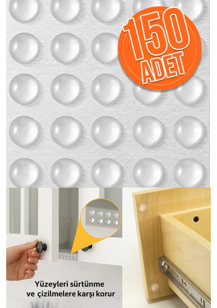 150’LI 10MM Yapışkanlı Şeffaf Silikon Ses Stoperi Dolap Çekmece Tamponu Koruyucu