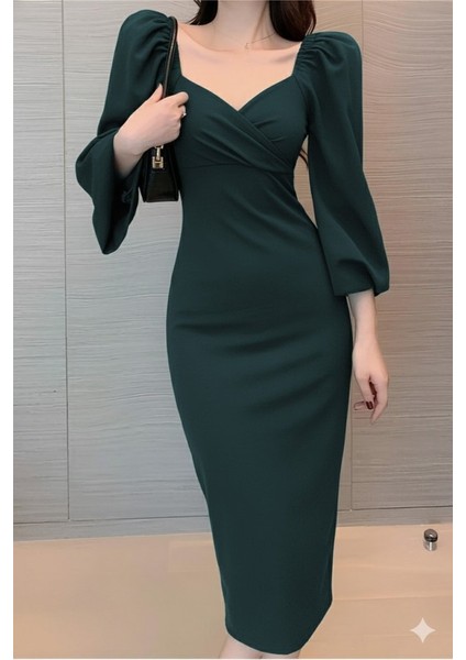 Eyesof Kadın Uzun Kollu Kalp Yakalı Midi Ithal Krep Elbise