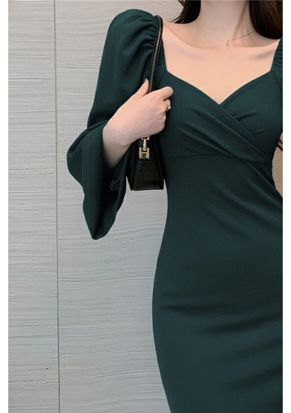 Eyesof Kadın Uzun Kollu Kalp Yakalı Midi Ithal Krep Elbise fiyatları