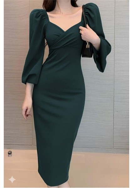 Eyesof Kadın Uzun Kollu Kalp Yakalı Midi Ithal Krep Elbise fırsatları