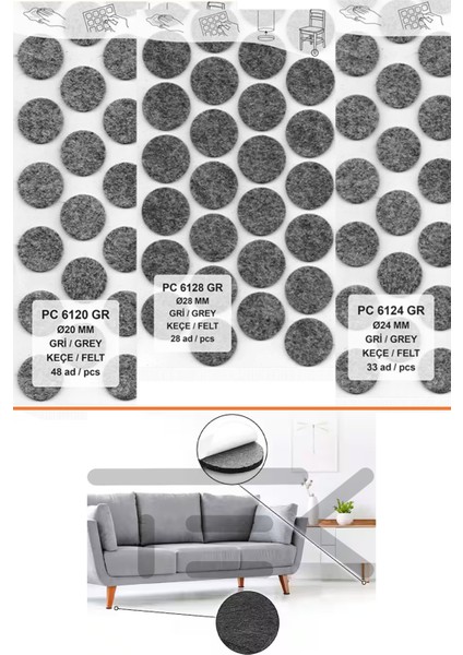Yapışkanlı Sandalye Koltuk Mobilya Ayak Keçesi Gri Set 3 Paket Parke Zemin Yüzey Koruyucu Keçe