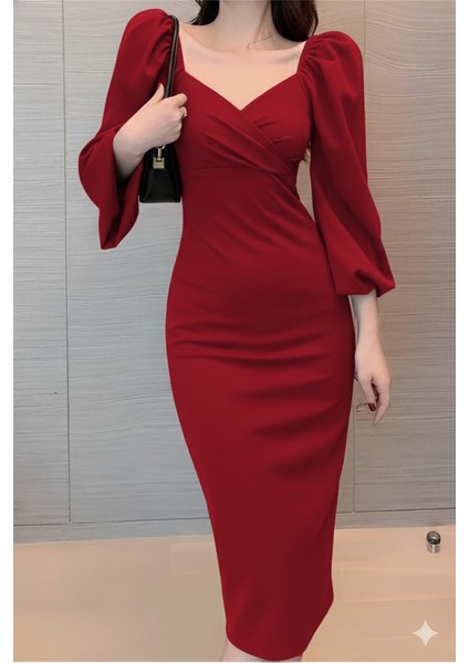 Kadın Uzun Kollu Kalp Yakalı Midi Ithal Krep Elbise