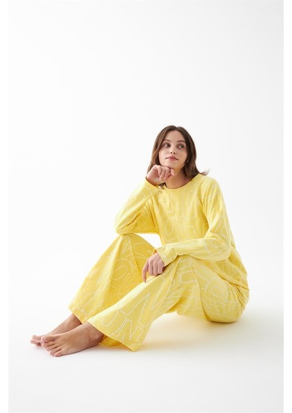Modaserdem Akbeniz Kadın Oversize Sarı Desenli Pamuklu Kalın Pijama Takımı fiyatları