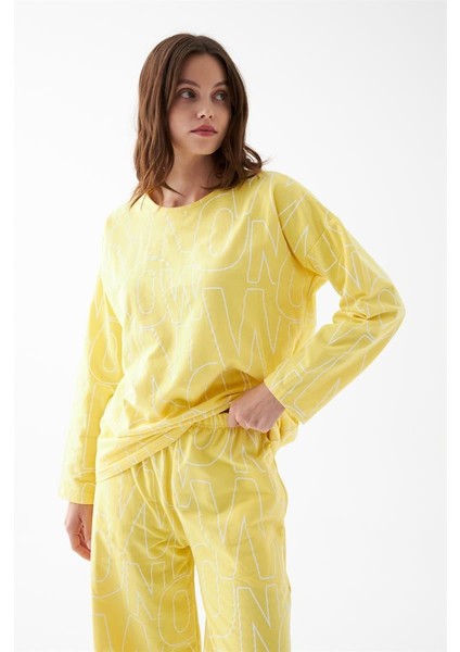 Modaserdem Akbeniz Kadın Oversize Sarı Desenli Pamuklu Kalın Pijama Takımı modelleri