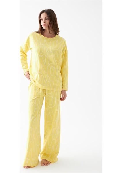 Modaserdem Akbeniz Kadın Oversize Sarı Desenli Pamuklu Kalın Pijama Takımı fırsatları