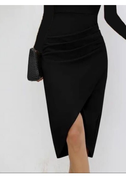 Kadın Uzun Kollu Kalp Yaka Önden Çapraz Detaylı Midi Ithal Krep Elbise modelleri