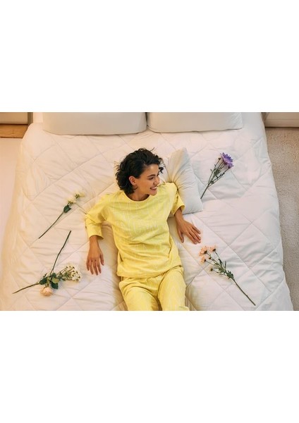 Modaserdem Akbeniz Kadın Oversize Sarı Desenli Pamuklu Kalın Pijama Takımı