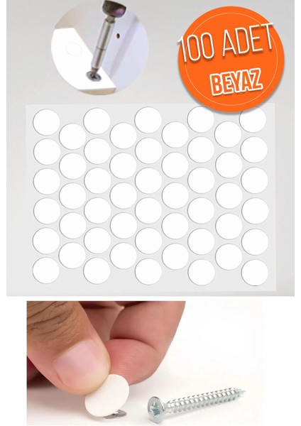 Yapışkanlı Yapıştırma Vida Tapası Tıpası Beyaz Vida Kapatıcı Kapağı (100 Adet)