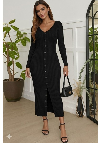 Kadın Uzun Kollu V Yakalı Önden Düğmeli Şardonlu Kaşkorse Elbise modelleri