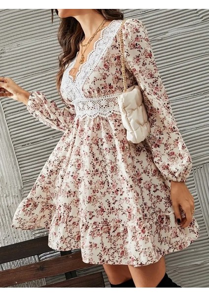 Kadın Uzun Kollu Dantel V Yakalı Mini Desenli Süprem Elbise fırsatları
