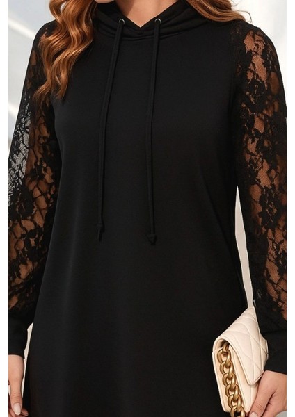 Kadın Uzun Kollu Kolları Dantel Detaylı Kapşonlu Bağcıklı Kısa Viskon Iki Iplik Elbise fiyatları