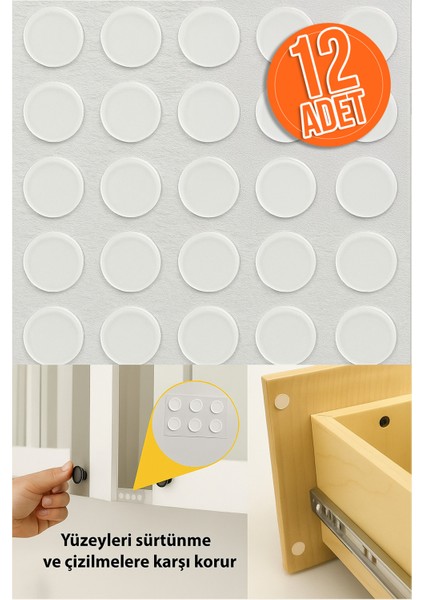 12’li 18MM Yapışkanlı Şeffaf Silikon Ses Stoperi, Dolap Çekmece Tamponu Kaydırmaz Cam Masa Altlığı