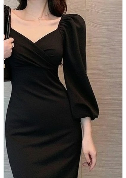 Eyesof Kadın Uzun Kollu Kalp Yakalı Midi Ithal Krep Elbise modelleri