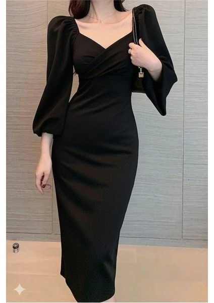 Eyesof Kadın Uzun Kollu Kalp Yakalı Midi Ithal Krep Elbise fırsatları