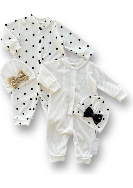 0-3 3-6 6-9 Ay Payetli Şapka Çıtçıt Kapamalı Puantiyeli ve Düz 2 Li Kombin Kız Bebek Tulumları Beyaz