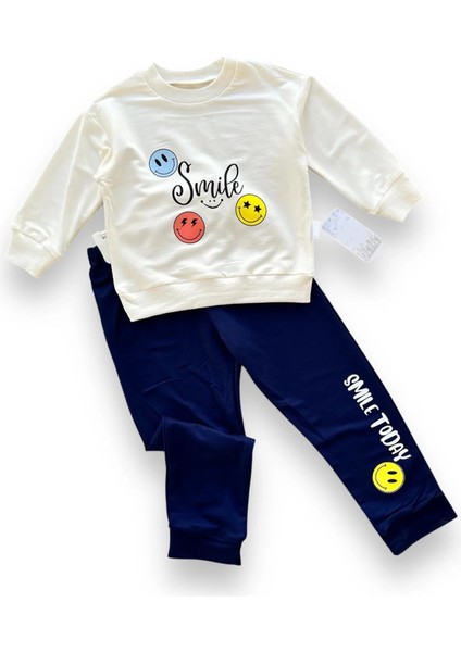 6-9-12-18 Ay Emoje Baskılı Pamuk Penye Kumaş Erkek Bebek Takımı Lacivert