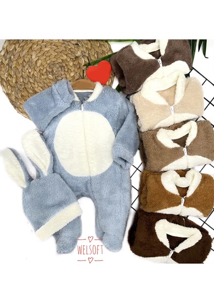 3-6-9-12 Ay Tavşan Kulak Şapkalı Fermuar Kapamalı Patikli Eldivenli Tüylü Erkek Bebek Tulumu Mavi