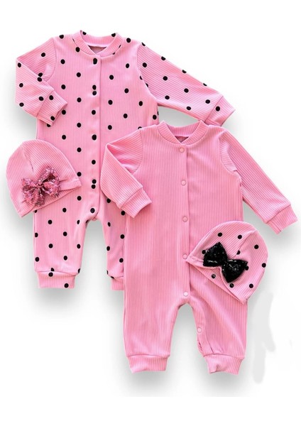 0-3 3-6 6-9 Ay Payetli Şapka Çıtçıt Kapamalı Puantiyeli ve Düz 2 Li Kombin Kız Bebek Tulumları Pembe