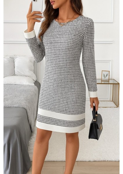 Aknbutik Kadın Uzun Kollu Yuvarlak Yaka Etek Ucu Şerit Detaylı Mini Dokuma Elbise