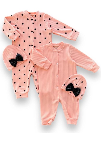 0-3 3-6 6-9 Ay Payetli Şapka Çıtçıt Kapamalı Puantiyeli ve Düz 2 Li Kombin Kız Bebek Tulumları Somon