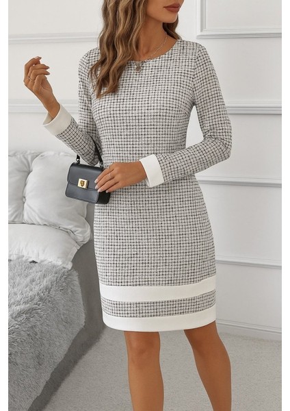 Eyesof Kadın Uzun Kollu Yuvarlak Yaka Etek Ucu Şerit Detaylı Mini Dokuma Elbise fiyatları