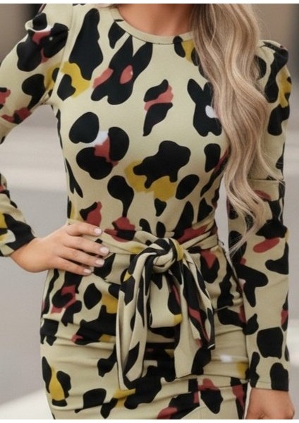 Kadın Uzun Kollu Yuvarlak Yaka Belden Kuşaklı Önden Yırtmaçlı Örme Krep Elbise fiyatları