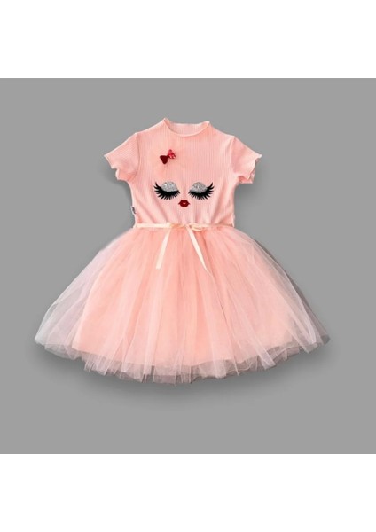 5-6-7 Yaş Payetli Süslü Yüz Baskılı Kız Çocuk Elbisesi Pudra
