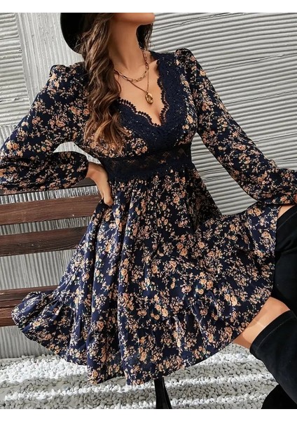 Kadın Uzun Kollu Dantel V Yakalı Mini Desenli Süprem Elbise fiyatları