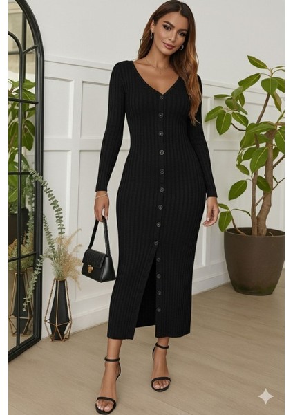 Kadın Uzun Kollu V Yakalı Önden Düğmeli Şardonlu Kaşkorse Elbise